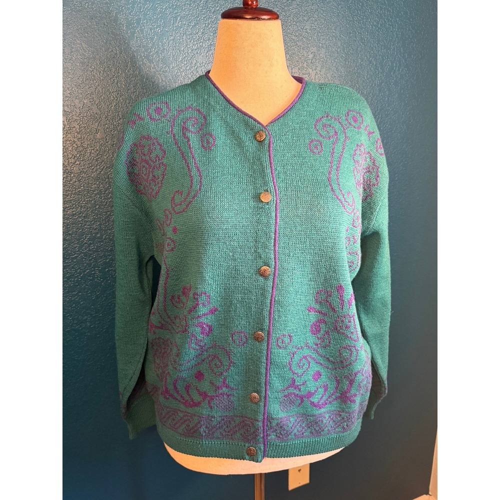 Vintage Pendleton Women's Wool Cardigan Sweater Teal Purple Made in USA Size M